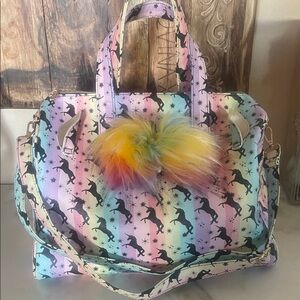 Pastel Rainbow Unicorn Travel Tote Bag with Pom Accent